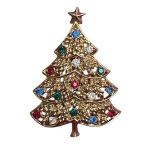Vintage Christmas Tree Brooch Gold Tone with Multi-color Gems
